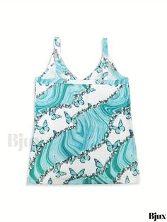 Bjux - Chic Butterfly Sequin Print Cami Top: Stylish V Neck Summer Sleeveless Top for Women, Fashionable Womens Clothing Casual Summer Vest With Built-in Bra, Y2k Stretch Tank Top For The Beach, Y2k Style Stretch Tank Top For Beach, Y2k Sleeveless Tank Top For Vacation, Y2k Style Sleeveless Tank Top For Vacation, Green Summer Vest For Beach, Green Summer Beach Vest, Green Vest For Beach In Summer, Y2k Sleeveless Beach Tops