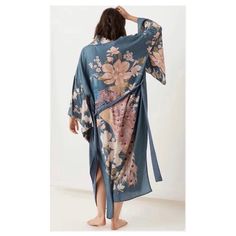 In Perfect Condition! Never Worn. #Kimono #Kimonorobe #Bohochic #Bohostyle #Bohemianstyle Elegant Blue Floral Print Kimono, Blue Floral Print Kimono For Loungewear, Bohemian Style Kimono, Long Floral Kimono, Kimono Shirt, Maxi Kimono, Bohemian Kimono, Floral Print Kimono, Beach Kimono