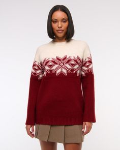 Oversized crewneck sweater in our super soft sweater yarn fabric and relaxed-fit silhouette, featuring on-trend fairisle pattern and banded hem and cuffs. Pairs perfect with a mini skirt or leggings! Boucle Sweater, Oversized Sweaters, Oversized Crewneck, Fair Isle Pattern, Soft Autumn, Stitching Details, Soft Sweater, Red Pattern, Oversized Cardigan