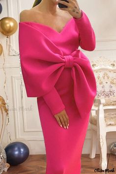 Olivia Mark - Exquisite Rose Red Solid Patchwork V-Neck Bow Evening Dress Pencil Dress Classy, Bow Dresses, Empire Pattern, Slim Bodycon Dress, Midi Dress Chic, Midi Party Dress, Big Size Dress, Can't Help Falling In Love, Strapless Party Dress