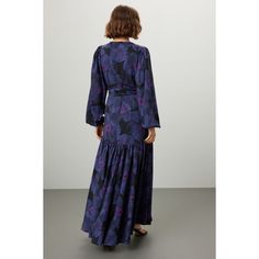 Purple floral crepe (100% Polyester). A-line. Long sleeves. V-neck. Tie closure. 58" from shoulder to hemline. Imported. Printed V-neck Evening Dress, Elegant Printed V-neck Floral Dress, Printed V-neck Midi Dress For Daywear, V-neck Printed Midi Dress For Daywear, Flowy V-neck Floral Dress For Fall, Fall A-line Maxi Dress For Brunch, Chic V-neck Floral Dress For Fall, Formal Printed V-neck Dress, Formal V-neck Viscose Maxi Dress