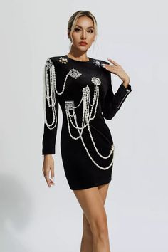 Mylah Black Pearl Embellished Velvet Dress Elegant Long Sleeve Embellished Evening Dress, Chic Long Sleeve Bodycon Dress For Banquet, Elegant Embellished Long Sleeve Dress For Formal Occasions, Elegant Embellished Long Sleeve Dress, Glamorous Pearl-embellished Mini Dress For Party, Elegant Rhinestone Bodycon Dress, Embellished Bodycon Dress For Formal Occasions, Embellished Bodycon Dress For Formal Events, Formal Embellished Bodycon Dress