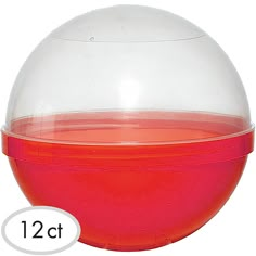 a red and white ball shaped container with two different colors on the bottom, one is filled with liquid