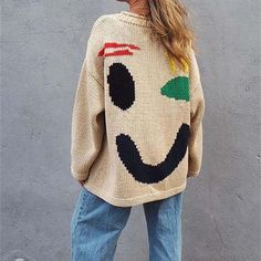 Material: Baumwolle-Acryl-GemischÄrmellänge: Lange ÄrmelAusschnitt: RundhalsMuster: Smiley-GesichtJahreszeit: Frühling, Herbst, Winter Sunday Feels, 50 Womens Fashion, Loose Pullover Sweater, Boho Pullover, Oversized Sweater Women, Pull Oversize, Streetwear Mode, Slouchy Sweater, Boho Sweater