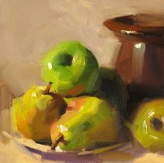 an oil painting of green apples and a brown vase on a tablecloth with white background