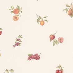 a white wallpaper with fruit and leaves on it