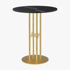 a black marble and gold metal table with three bars on the base, against a white background