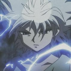 an anime character with white hair and blue eyes in front of some lightning bolts, looking at the camera