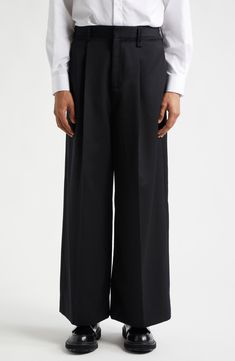 A hint of virgin wool softens clean-lined trousers that are tailored with crisp pleats. 30 1/2" inseam; 29" leg opening; 14" front rise; 16 1/2" back rise (size Medium) Zip fly with hook-and-bar closure Lined 55% polyester, 45% virgin wool Dry clean Made in Portugal Designer Clothing Asian & Pacific Islander Owned/Founded Formal Wool Wide Leg Pants With Welt Pockets, Tailored Wool Wide Leg Pants For Formal Occasions, Formal Black Wool Wide Leg Pants, Elegant Wide Leg Bottoms With Box Pleat, Formal Wide Leg Dress Pants With Concealed Placket, Chic Formal Bottoms With Box Pleat, Classic Wide Leg Wool Bottoms, Classic Wide Leg Pants With Straight Hem For Evening, Classic Wool Wide Leg Bottoms