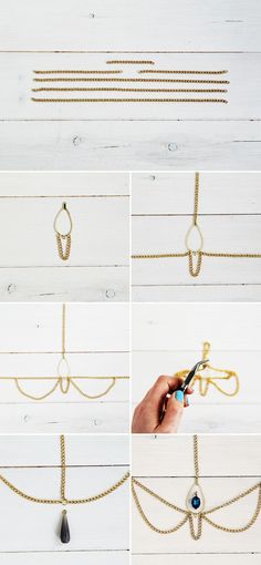 how to make a gold chain necklace with beads and chains hanging from the side, using scissors