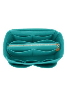 the inside of a turquoise purse on a white background