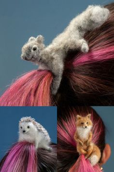 there is a stuffed animal on top of someone's pink and white hair in three different pictures