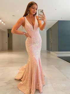 Sheath V-neck Sweep Train Velvet Sequins Prom Dresses Glamorous V-neck Dress For Prom Season, Glamorous V-neck Prom Dress, Sequin V-neck Wedding Dress, V-neck Evening Gown For Prom Season, Sequin V-neck Dress For Wedding, V-neck Gown For Prom, V-neck Maxi Dress For Prom Season, Pink V-neck Gown With Sequins, Pink Sequined V-neck Gown