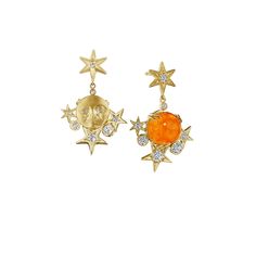 18k Yellow Gold / Mandarin Garnet (13.59ct) / Diamond (0.92ct) / 20mm x 29mm Available for immediate shipping. The celestial collection, our largest collection of jewelry pieces today, tells a story about the cosmos; a journey through the heavens and the history of art. The collection draws on Tony’s interests in artisan horology, early timekeeping, and the marvelous mechanisms of the Renaissance that combined art and science. If time and astronomy were even more intimately connected in that age Celestial Yellow Gold Gemstone Earrings, Celestial Yellow Gold Earrings With Gemstone, Yellow Gold Celestial Gemstone Earrings, Anthony Lent, Mandarin Garnet, Star Drop Earrings, Bespoke Engagement Ring, Earrings Ideas, History Of Art