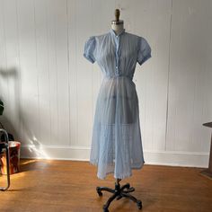 Vintage 30s Sheer Baby Blue Puff Sleeve Midi Dress Light/Airy Textured Jacquard | eBay Retro Blue Puff Sleeve Dress, Fitted Swiss Dot Dress With Puff Sleeves, Blue Fitted Vintage Dress With Short Sleeves, Vintage Short Sleeve Dress With Fitted Bodice For Daywear, Retro Puff Sleeve Dresses For Daywear, Fitted Swiss Dot Dress For Daywear, Blue 1950s Fitted Vintage Dress, Fitted Vintage Blue Vintage Dress, Fitted Short-sleeved Vintage Dress For Daywear