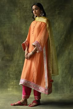 Shop for these amazing collections of Orange : Chanderi Silk Embroidery Gota V Neck Dia Set For Women by Begum Pret online at Aza Fashions. Traditional Attires, Latest Dress Design, Salwar Kamiz, Silk Kurta, Boutique Dress Designs, Organza Dupatta, Boutique Dress, Straight Kurta, Women Kurta