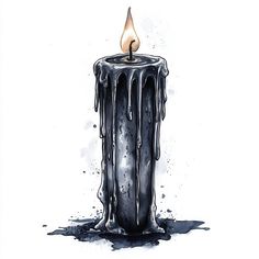 a lit candle that has been melted and is in the middle of some black liquid