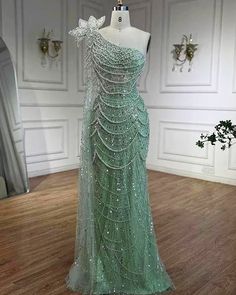 Beading Mint One Shoulder Evening Dress with Flowy Sleeves Special Occasion Dresses Long, Long Ball Dresses, Dress With Flowy Sleeves, Ombre Bridesmaid Dresses, Simple Wedding Dress Short, One Shoulder Evening Dress, Simple Lace Wedding Dress, Short Wedding Dress Beach, Prom Dresses Under 100