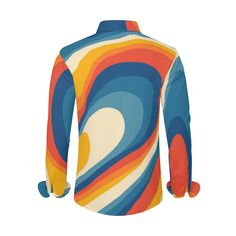 Step back into the vibrant era of the 70s with our Vintage 70s Style Shirt, a Retro Shirt designed for the modern man who embraces the groovy spirit of the past. This Hippie Shirt for Men channels the free-spirited essence of the 70s, featuring a unique blue and orange abstract curvy stripe pattern. Crafted from 100% polyester, this Men's Stripe Orange Shirt ensures both comfort and durability.With a nod to the 70s-inspired fashion, this Groovy Shirt is perfect for those who appreciate the bold Retro Fitted Shirt For Summer, Retro Fitted Summer Shirt, Retro Long Sleeve Top With Retro Print, Fitted Retro Multicolor Tops, Groovy Retro Print Shirt For Summer, Retro Fall Tops With Retro Print, Multicolor Retro Print Shirt For Fall, Retro Blue Tops With Retro Print, Groovy Retro Print Summer Shirt