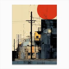 an abstract painting of buildings and power lines with the sun setting in the distance behind them