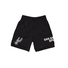 The San Antonio Spurs Mesh Shorts features a screen-printed Spurs logo at the left leg with a team wordmark at the right leg.Fabric: 100% Polyester Casual Shorts For Team Events During Sports Season, Throwback Sports Shorts, Casual Athletic Shorts For Team Events, Casual Shorts For Team Events And Sports Season, Casual Three Stripes Shorts For Sports Events, Casual Shorts With Team Logo, Athletic Shorts With Team Logo For Sports Season, Short Sports Bottoms With Team Logo, Sporty Short Bottoms With Team Logo