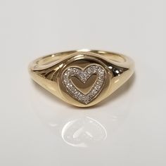 "Thanks for shopping our vintage estate store. We tend to sell well below wholesale and truly hope you enjoy all of our items. Many of the items are one of a kind, so please enjoy scrolling through the pictures and hopefully something will catch your eye. Brown spots are from camera or reflections. Estate 14k yellow gold heart .05ct Diamond ring. There are 20 diamonds in the setting. One of a kind only one we have. Ring size: 6.5 Setting: 3/8\" 10mm Band width: 2mm Weight: 3.39 grams Marked 14k and it's sweet. One that you will love." 14k Gold Signet Ring, Baby Gold Rings, Monogram Hearts, Seed Pearl Ring, Gold Promise Rings, Gold Designs, Gold Signet Ring, Gold Monogram, Initial Ring