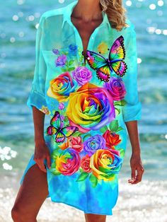 Butterfly Floral Long Sleeve Beach Shirt Dress – Wonder closets Summer Long Sleeve Printed Beach Dress, Long Sleeve Printed Beach Dress For Summer, Printed Long Sleeve Beach Dress For Summer, Multicolor Beach Dress For Spring Holiday, Blue Long Sleeve Beach Dress For Spring, Long Sleeve Vacation Dresses, Casual Long Sleeve Dress For Beach Party, Multicolor Long Sleeve Vacation Dresses, Floral Print Beach Dress For Spring Holiday