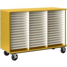 a yellow storage cart with white shelves on wheels