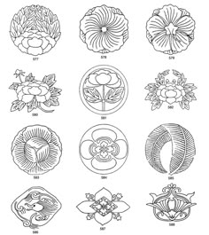 four different types of flower designs in black and white