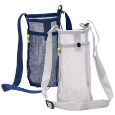 two mesh bags with handles and straps, one in blue and the other in white