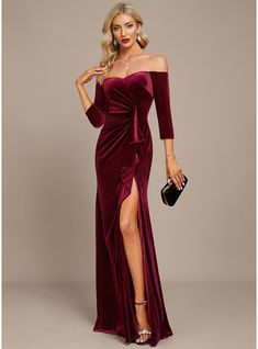 JJ's House Cascading Ruffles Velvet Off the Shoulder Fall Spring Summer Winter Sheath/Column General Plus Leg Slit Back Zip Sexy Simple Minimalist Black Tie Cabernet Height:5.8ft（176cm） Bust:32in（82cm）Waist:24in（61cm）Hips:35in（89cm） No Floor-Length Red Model Name:An. #JJ's House #CascadingRuffles #Velvet #OfftheShoulder #Fall #Spring #Summer #Winter #SheathColumn #General #Plus #LegSlit #BackZip #Sexy #Simple #Minimalist #BlackTie #Cabernet #No #FloorLength #Red Velvet Evening Dress Long, Christmas Mother Of The Bride Dress, Formal Wedding Guest Dress Fall Long, House With Columns, Christmas Formal Dress, Formal Velvet Dress, Formal Gowns Elegant, White Velvet Dress, Winter Prom Dresses