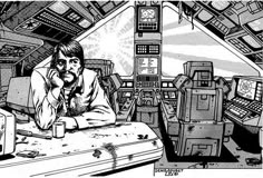 a black and white drawing of a man sitting at a table in an airplane cockpit