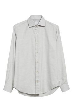 Eleventy's elevated take on everyday apparel informs the mother-of-pearl-button placket and split yoke of this cotton-blend button-up shirt. Front button closure Cutaway collar Long sleeves with button cuffs Curved hem 59% cotton, 41% lyocell Dry clean Made in Italy Designer Clothing Elegant Cotton Dress Shirt For Daywear, Elegant Cotton Dress Shirt, Classic Linen Shirt With Buttons, Long Sleeve Cotton Dress Shirt With Concealed Placket, Classic Fall Dress Shirt With Button Closure, Cotton Dress Shirt With Concealed Placket, Cotton Collared Dress Shirt With Hidden Button Closure, Cotton Long Sleeve Dress Shirt With Hidden Button Closure, Cotton Dress Shirt With Hidden Button Closure