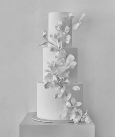 a three tiered white cake with flowers on top