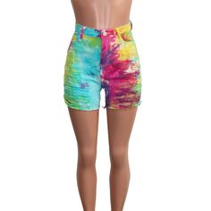 Hot Style Cut Hollowed-out Tie-dye Printed Denim Shorts Multicolor High Rise Denim Bottoms, Multicolor Cotton Mid-rise Bottoms, Multicolor Mid-rise Cotton Bottoms, Multicolor High Waist Jeans For Summer, Casual Tie-dye Jeans For Spring, Multicolor Stretch Jeans For Summer, Multicolor Stretch Summer Jeans, High Waist Multicolor Summer Jeans, Fitted Multicolor Denim Bottoms