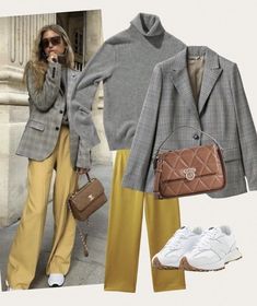 Stylish Spring Outfit, Colour Combinations Fashion, Classy Winter Outfits, Yellow Pants, Casual Outfit Inspiration, Grey Jacket, Mode Boho, Mode Casual