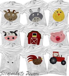 a group of farm animals on white tshirts with barnyards and farm animals