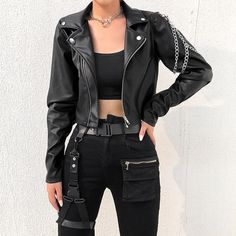 Punk Chain Leather Jacket - Vedlit Punk Chains, Modele Fitness, Womens Black Shorts, Leather Jacket Outfits, 2020 Fashion, Faux Leather Jacket, Black Leather Jacket, Edgy Outfits, Faux Leather Jackets