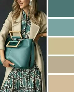 a woman in a dress holding a blue purse and color swatches for the colors