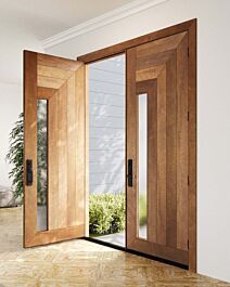 an open wooden door in a white room