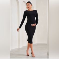 Crafted In Our Signature Stretch Jersey, Keep Comfort At The Forefront In Our Black Midi Embrace. Detailed By A Delicately Laced Cowl Back, This Maternity Dress Features Partial Ruching To Flatter Your Growing Figure. Perfect For Weddings, Date Nights Or Even Your Baby Shower, Embrace Is A Maternity Wardrobe Must-Have. Features - Premium Stretch Jersey - Bodycon Fit - Partially Ruched - Crew Neckline - Long Sleeves - Invisible Zip Closure - Self-Tie Cowl Back - Midi Length New With Tag Going Out Fashion, Maternity Wardrobe, Maternity Midi Dress, Club L London, Black Dress Prom, Pregnancy Wardrobe, Black Tie Gala, Glamorous Dresses, Sequin Maxi