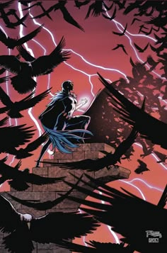 a man sitting on top of a tree next to lightning