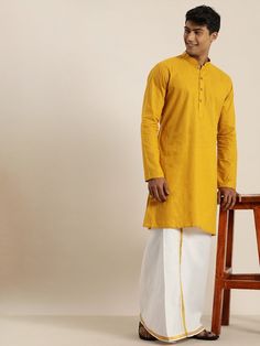 Vastramay Men's Mustard Cotton Kurta And Mundu Set Traditional Mustard Cotton Kurta, Festive Yellow Cotton Kurta, Yellow Long Sleeve Cotton Kurta, Yellow Cotton Straight Kurta Traditional Wear, Yellow Cotton Traditional Wear Straight Kurta, Yellow Cotton Traditional Wear For Eid, Casual Cotton Straight Kurta, Handloom Cotton Long Sleeve Sets, Casual Yellow Kurta For Eid