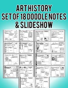 18 fully editable full page art history doodle notes handouts in .pdf and .pub file formats! Make learning art history interesting! Each full page doodle note sheet covers an art history movement, culture, or style. Each handout includes places for students to write time period, definitions, characteristics, sketches, and information learned from an accompanying video in the 209 slide powerpoint. There is also a fill in the blank or small activity for students to do on each handout, as well as a History Doodle Notes, Full Page Doodle, Art History Timeline, Fun Art Print, Art Teacher Resources, Learning Art, History Worksheets, Doodle Notes, Note Sheet