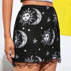 Edgy And Hot Looking Black Mesh Mini Skirt. Moon And Sun Pattern. Feels Soft Like Silk. Light Comfortable Material. -97% Polyester, 3% Spandex. -Not Sheer -Slight Stretch -Fits True To Size Black Casual Summer Skirt, Casual Black Summer Skirt, Black Casual Mini Skirt For Summer, Trendy Black Summer Skirt, Trendy Black Skirt For Summer, Black Denim Mini Skirt For Summer, Fitted Black Summer Skirt, Fitted Black Skirt For Summer, Black Mini Skirt For Beach In Spring