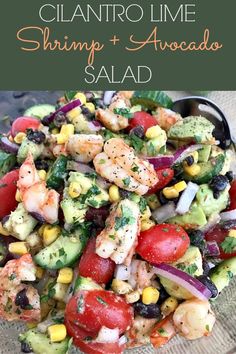 shrimp and avocado salad in a glass bowl with text overlay that says, clamtro lime shrimp and avocado salad