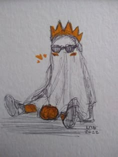 a drawing of a person with glasses and a crown on their head sitting next to a basketball