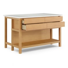 a wooden table with two drawers on top and one drawer open to reveal a white countertop