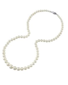 This 3.0-9.0mm white freshwater graduated pearl necklace is certain to be a favorite for any occasion. 

This pearl necklace is compiled of beautiful hand picked pearls with a 'High' grade luster. The pearl necklace is white in color and comes affixed standard with your choice of several beautiful clasps as well premium clasps for an additional price. Classic Single Strand Pearl Necklace With Round Beads, Classic Pearl Necklace With Round Beads For Anniversary, Classic White Gold Pearl Necklace With Round Beads, Classic Single Strand Pearl White Necklace, Classic Pearl White Necklace For Anniversary, Classic Pearl Necklace With Round Beads And Pearl Drop, Classic Baroque Pearl Necklace, Classic Pearl Necklace With Round Pearl Drop, White Gold Pearl Necklace With Single Strand