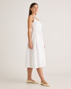 Step into warm weather with our 100% European Linen Fit & Flare Midi Dress. Featuring adjustable straps and a smocked back, this flowy, A-line silhouette will hug your curves in all the right places. And like all our linen, it’s soft, breathable, and lightweight, making it a go-to dress for spring or summer.  | Quince | Women's 100% European Linen Fit & Flare Midi Dress in White, Size Medium A-line Sundress With Adjustable Straps For Brunch, Casual Linen Dress With Adjustable Straps, White Linen Sleeveless Dress With Adjustable Straps, White Sleeveless Linen Dress With Adjustable Straps, A-line Sundress With Adjustable Straps For Day Out, Linen Dresses With Smocked Back And Spaghetti Straps, White Midi Dress With Straight Neckline For Beach, Linen Sundress For Daytime Spring, Spring Daytime Linen Sundress